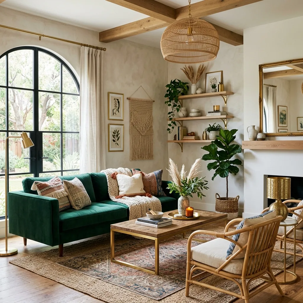 Modern boho luxe living room with velvet and gold accents